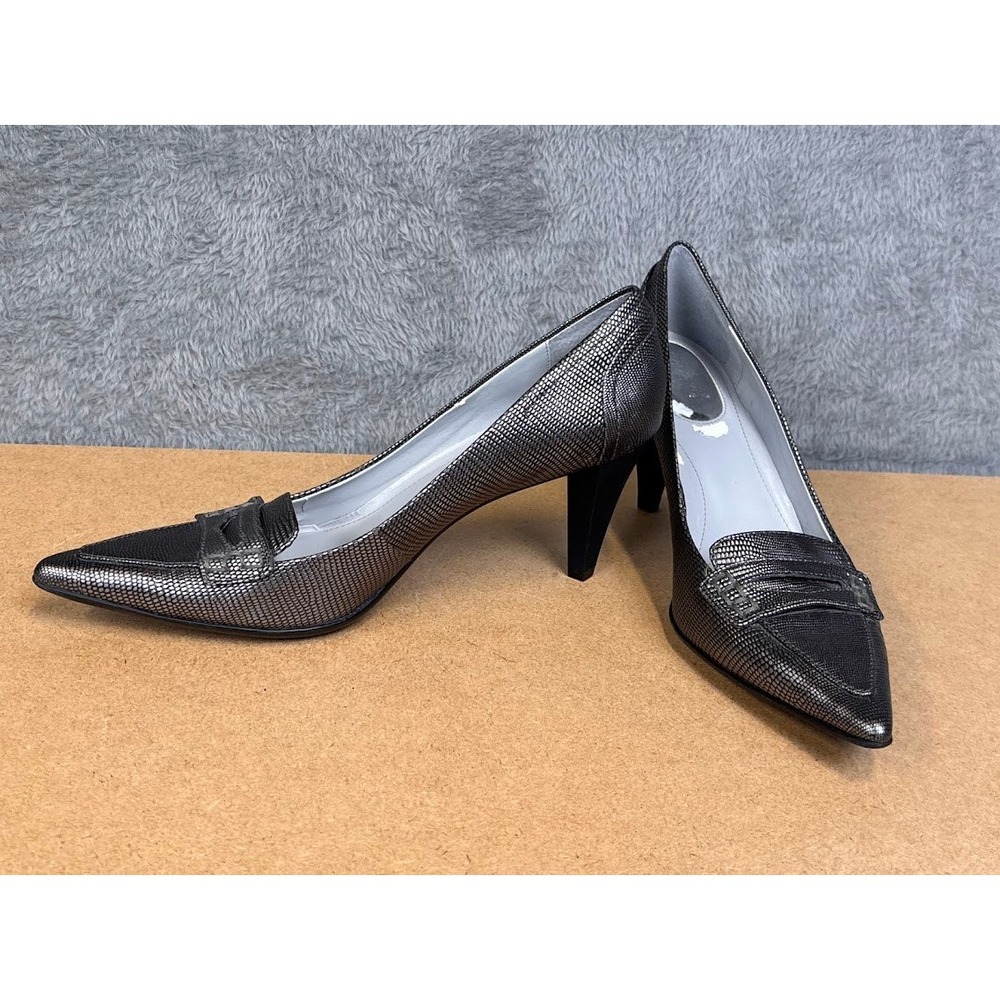 Calvin Klein Vienna Metallic Pewter Lizard Embossed Pointed Toe Kitten Heel 7.5M